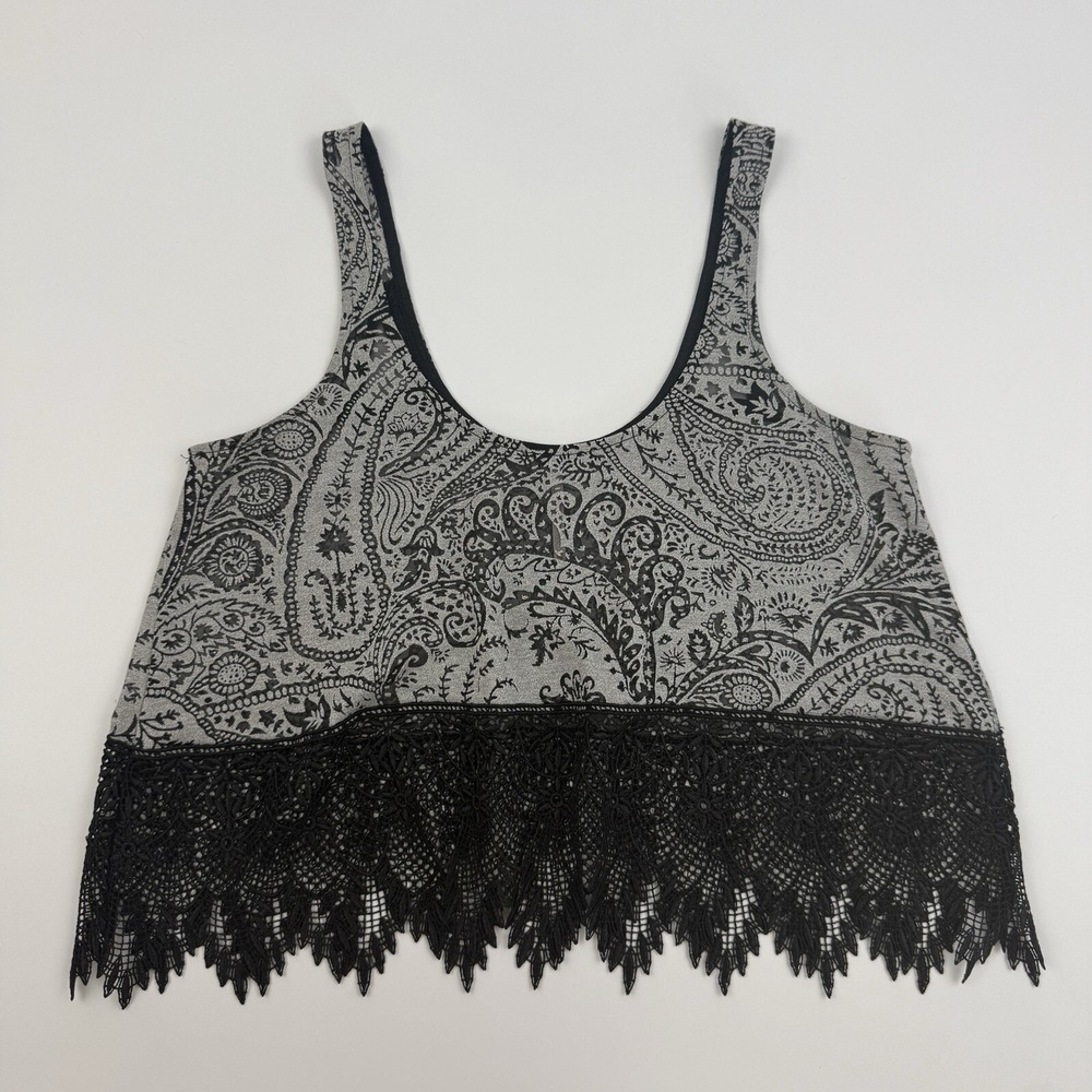Free People Gray/Black Paisley Crochet Lace Crop Top Sheer Scoop Neck XS - Picture 2 of 8